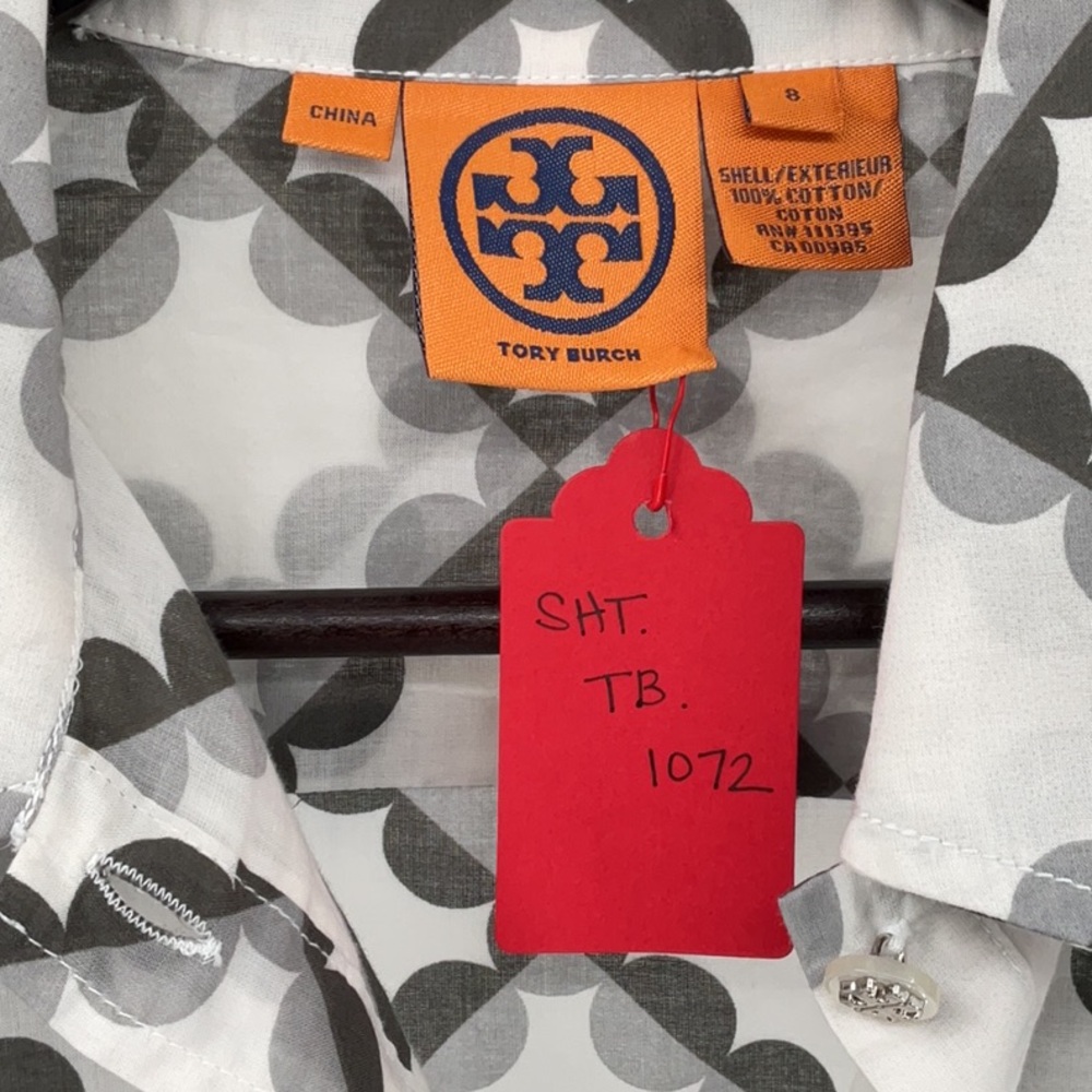 Tory Burch Logo Print Cotton Popover Utility Blouse Women’s 8 Gray White - Picture 9 of 14